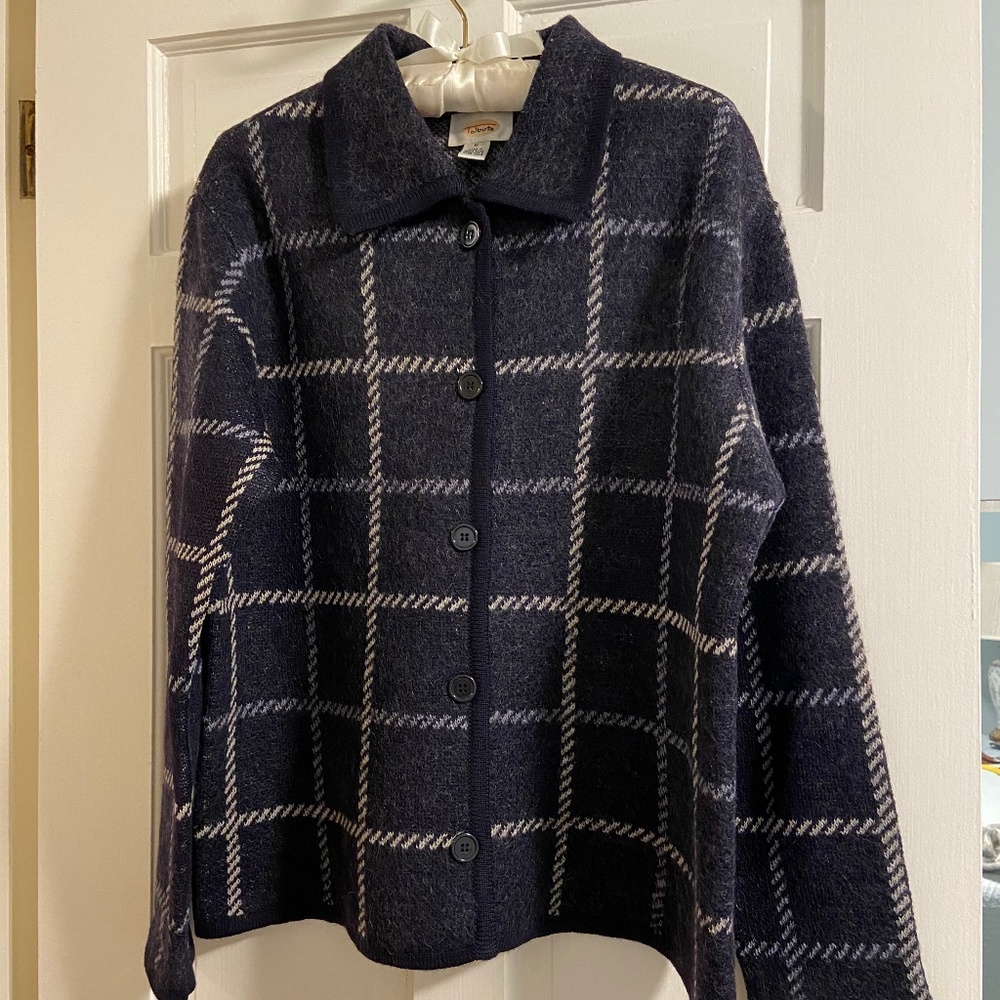 100% Wool Gray Blue  Windowpane Jacket-Style Collared Sweater; Med; Talbots